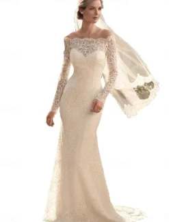 Casual Wedding Dresses Mermaid / Trumpet Off Shoulder Long Sleeve Sweep / Brush Train Chantilly Lace Bridal Gowns