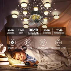 Ceiling Fan with Light App & Remote Control 102 cm Dimmable 6 Wind Speeds Sputnik Design Projection Modern Ceiling Fan for Bedroom, Living Room, Small Room 110-240V