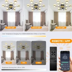 Ceiling Fan with Light App & Remote Control 102 cm Dimmable 6 Wind Speeds Sputnik Design Projection Modern Ceiling Fan for Bedroom, Living Room, Small Room 110-240V