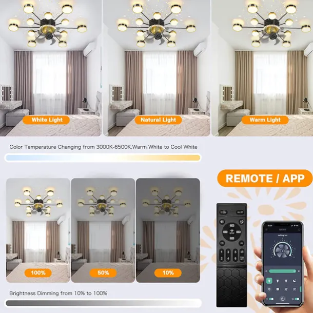 Ceiling Fan with Light App & Remote Control 102 cm Dimmable 6 Wind Speeds Sputnik Design Projection Modern Ceiling Fan for Bedroom, Living Room, Small Room 110-240V