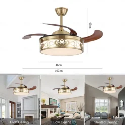 Ceiling Fan with Light Circle Design App & Remote Control Crystal 50cm Dimmable 6 Wind Speeds Modern Ceiling Fan for Bedroom, Living Room, Small Room 110-240V