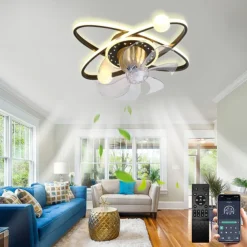 Ceiling Fan with Light Dimmable Circle Design Crystal 57cm 6 Wind Speeds Modern Ceiling Fan for Bedroom, Living Room App & Remote Control 110-240V