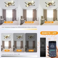 Ceiling Fan with Light Dimmable Circle Design Crystal 57cm 6 Wind Speeds Modern Ceiling Fan for Bedroom, Living Room App & Remote Control 110-240V