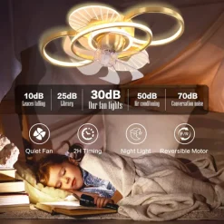 Ceiling Fan with Light Dimmable Circle Design Crystal 62cm 6 Wind Speeds Modern Ceiling Fan for Bedroom, Living Room App & Remote Control 110-240V