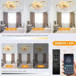 Ceiling Fan with Light Dimmable Circle Design Crystal 62cm 6 Wind Speeds Modern Ceiling Fan for Bedroom, Living Room App & Remote Control 110-240V