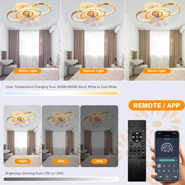 Ceiling Fan with Light Dimmable Circle Design Crystal 62cm 6 Wind Speeds Modern Ceiling Fan for Bedroom, Living Room App & Remote Control 110-240V