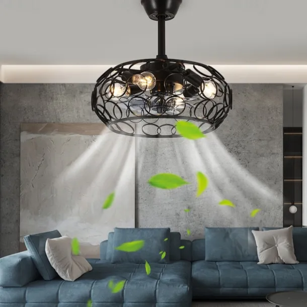 Ceiling Fan with Lights and Remote, 19.5" Caged Industrial Fandelier, Indoor Vintage Chandelier Fan Light for Bedroom, Living Room, Dinning Room, Kids Room, Black