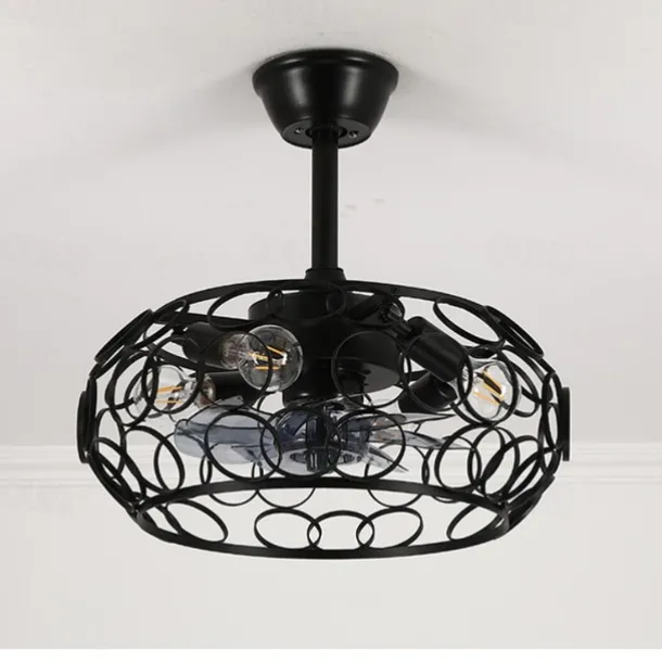 Ceiling Fan with Lights and Remote, 19.5" Caged Industrial Fandelier, Indoor Vintage Chandelier Fan Light for Bedroom, Living Room, Dinning Room, Kids Room, Black