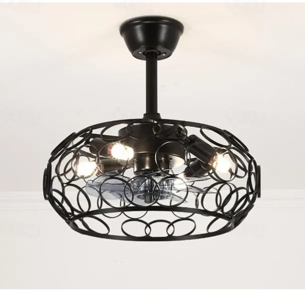 Ceiling Fan with Lights and Remote, 19.5" Caged Industrial Fandelier, Indoor Vintage Chandelier Fan Light for Bedroom, Living Room, Dinning Room, Kids Room, Black