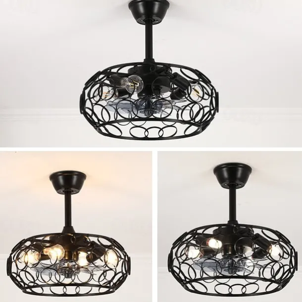 Ceiling Fan with Lights and Remote, 19.5" Caged Industrial Fandelier, Indoor Vintage Chandelier Fan Light for Bedroom, Living Room, Dinning Room, Kids Room, Black