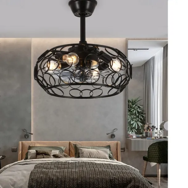 Ceiling Fan with Lights and Remote, 19.5" Caged Industrial Fandelier, Indoor Vintage Chandelier Fan Light for Bedroom, Living Room, Dinning Room, Kids Room, Black