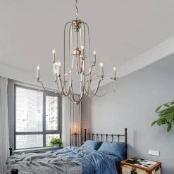 Chandelier for Dining Room Candle Style 6/9/12-Heads Modern Farmhouse Pendant Lighting,9-Light Brushed Candle Ceiling Hanging Fixture for Living Room Bedroom Coffee 110-240V