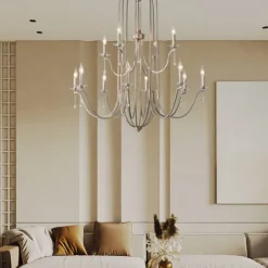 Chandelier for Dining Room Candle Style 6/9/12-Heads Modern Farmhouse Pendant Lighting,9-Light Brushed Candle Ceiling Hanging Fixture for Living Room Bedroom Coffee 110-240V