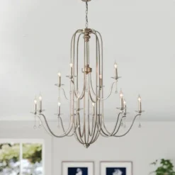 Chandelier for Dining Room Candle Style 6/9/12-Heads Modern Farmhouse Pendant Lighting,9-Light Brushed Candle Ceiling Hanging Fixture for Living Room Bedroom Coffee 110-240V
