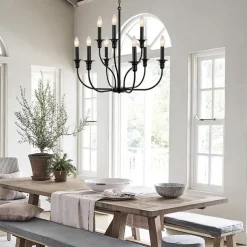 Chandelier 6-Light Modern Farmhouse Chandelier Wrought Iron Classic Candle Ceiling Pendant Light Fixture for Dining Room Living Room Kitchen Island Entry Stairwell, Dia 26