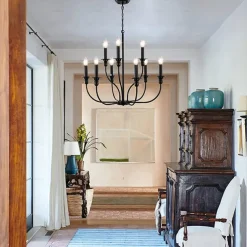 Chandelier 6-Light Modern Farmhouse Chandelier Wrought Iron Classic Candle Ceiling Pendant Light Fixture for Dining Room Living Room Kitchen Island Entry Stairwell, Dia 26