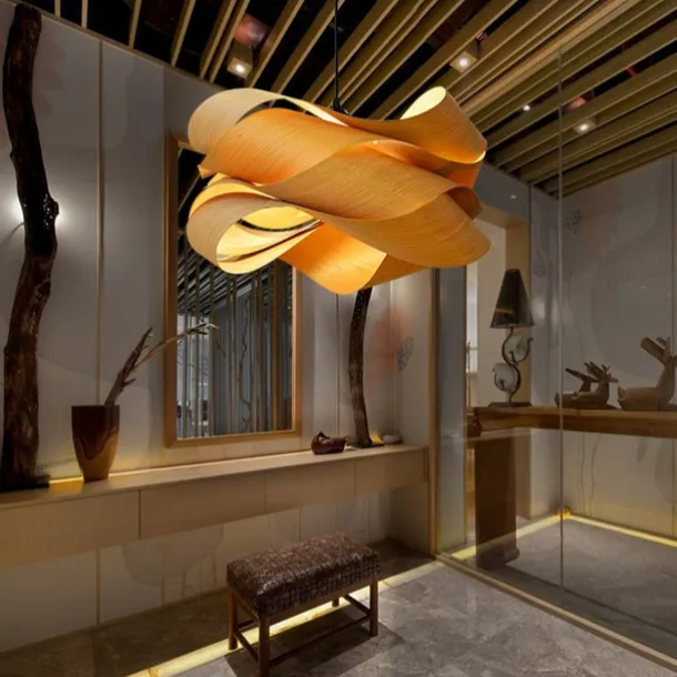 Chandeliers 45/60cm Wood Unique Flower Design Pendant Lighting E27 Ceiling Light Fixture Fixtures for Dining Room Kitchen Living Room Bedroom 110-240V