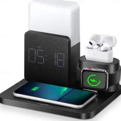 Charging Station 15 W Output Power Wireless Charging Station MSDS UN38.3 RoHs Fast Wireless Charging 5 in 1 Digital Clock For Apple Watch Cellphone AirPods 2 / AirPods Pro