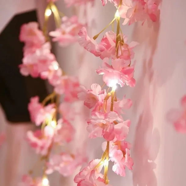 Cherry Blossom Rattan String Lights – Battery Powered Fairy Lights for Wedding, Holiday & Room Decor