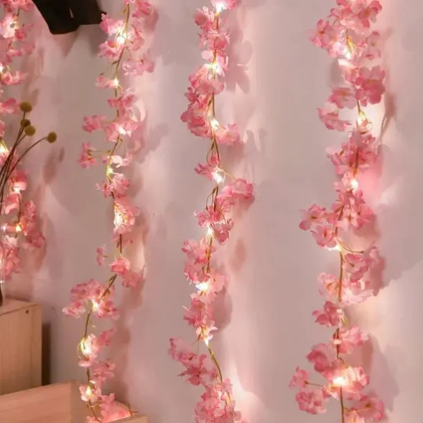 Cherry Blossom Rattan String Lights – Battery Powered Fairy Lights for Wedding, Holiday & Room Decor