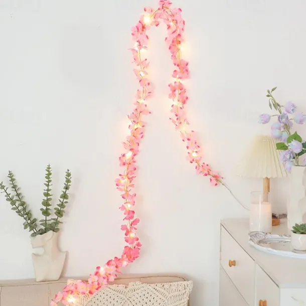 Cherry Blossom Rattan String Lights – Battery Powered Fairy Lights for Wedding, Holiday & Room Decor