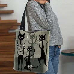 Chic Cat Band Canvas Tote Bag – Stylish and Durable Shoulder Bag with Unique Feline Design for Everyday Use