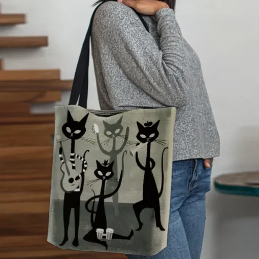 Chic Cat Band Canvas Tote Bag – Stylish and Durable Shoulder Bag with Unique Feline Design for Everyday Use
