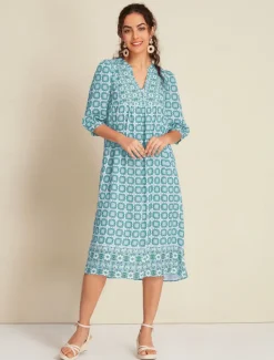 Chiffon Ethnic Floral Print Half Sleeve V Neck Midi Dress