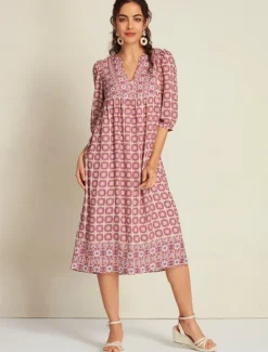 Chiffon Ethnic Floral Print Half Sleeve V Neck Midi Dress