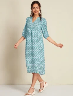 Chiffon Ethnic Floral Print Half Sleeve V Neck Midi Dress