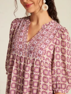 Chiffon Ethnic Floral Print Half Sleeve V Neck Midi Dress