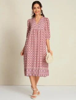 Chiffon Ethnic Floral Print Half Sleeve V Neck Midi Dress
