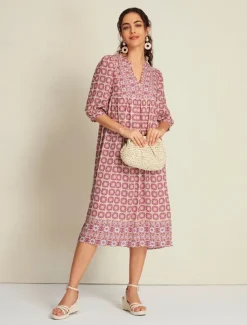 Chiffon Ethnic Floral Print Half Sleeve V Neck Midi Dress