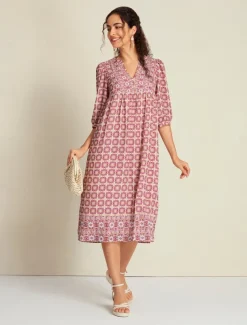 Chiffon Ethnic Floral Print Half Sleeve V Neck Midi Dress