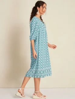 Chiffon Ethnic Floral Print Half Sleeve V Neck Midi Dress