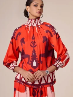 Chiffon Orange Bohemian Printing Turtleneck Blouse