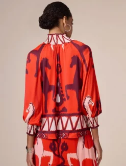 Chiffon Orange Bohemian Printing Turtleneck Blouse