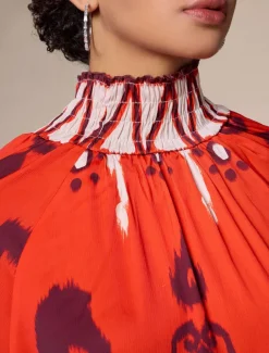 Chiffon Orange Bohemian Printing Turtleneck Blouse