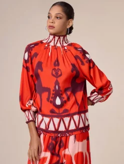 Chiffon Orange Bohemian Printing Turtleneck Blouse