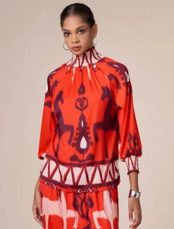 Chiffon Orange Bohemian Printing Turtleneck Blouse