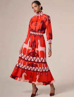 Chiffon Orange Bohemian Printing Turtleneck Blouse