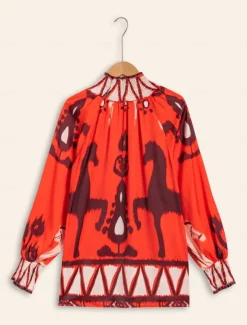Chiffon Orange Bohemian Printing Turtleneck Blouse