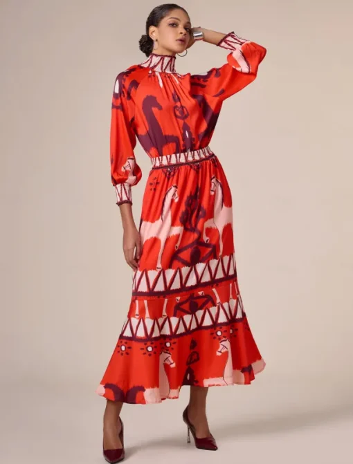 Chiffon Orange Printing Elegant Bohemia Midi Skirt