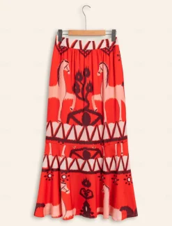 Chiffon Orange Printing Elegant Bohemia Midi Skirt