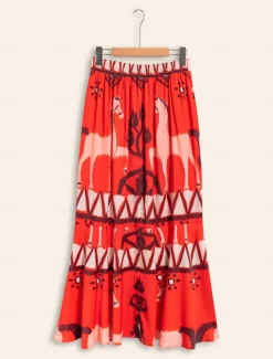 Chiffon Orange Printing Elegant Bohemia Midi Skirt
