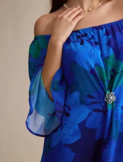 Chiffon Wedding Guest Royal Blue Floral Off Shoulder Long Sleeve Maxi Dress