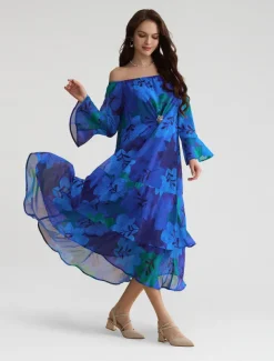 Chiffon Wedding Guest Royal Blue Floral Off Shoulder Long Sleeve Maxi Dress