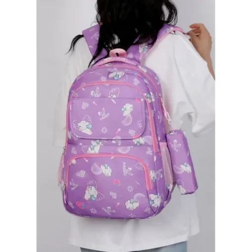 Children's Cartoon Printed School Backpack with Multi-Pockets, Lightweight Waterproof Kids Bookbag for Elementary Students, Available in Pink, Black, Purple and Blue