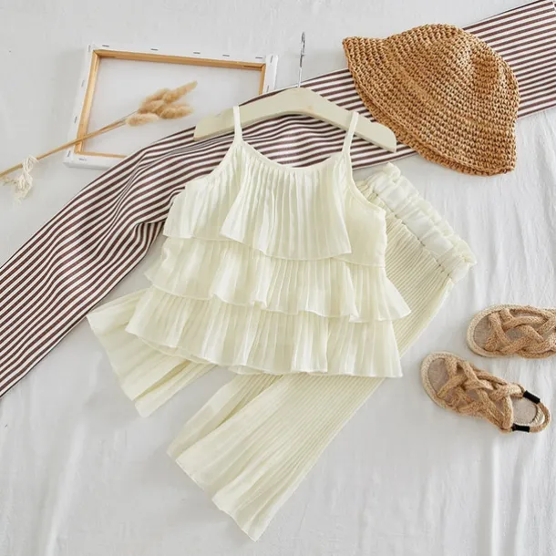 Children's Sets Tops Sleeveless Pullover Tiered Wide Leg Pants Loose Straight Cotton New Korean Sweet Fashion Designable Girls