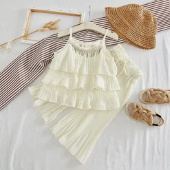 Children's Sets Tops Sleeveless Pullover Tiered Wide Leg Pants Loose Straight Cotton New Korean Sweet Fashion Designable Girls